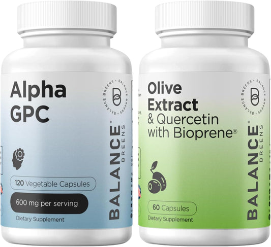 Alpha GPC Choline Supplement 600mg with Immunity-Boosting Olive Leaf Extract and Quercetin 400mg - Enhanced with Bioperine Black Pepper Extract