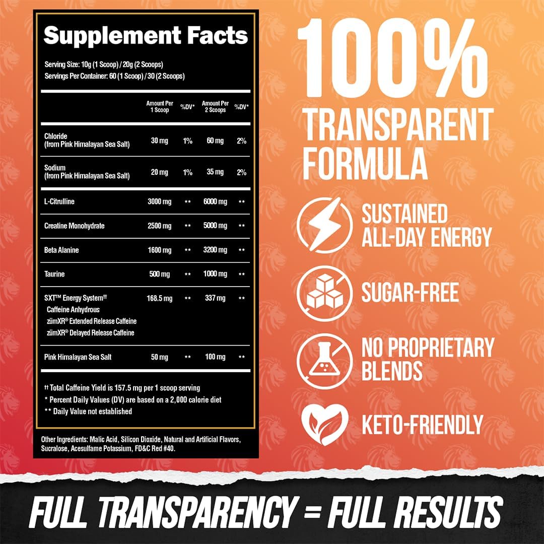 Alpha Lion Core Pre Workout Powder: Performance Booster with Creatine, Beta Alanine, L-Citrulline, and Tri-Source Caffeine - Alpha Punch Flavor, 60 Servings