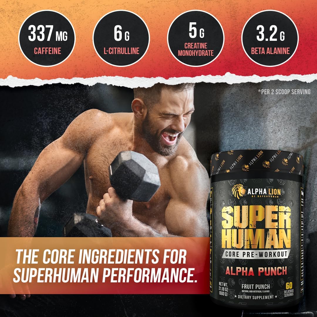 Alpha Lion Core Pre Workout Powder: Performance Booster with Creatine, Beta Alanine, L-Citrulline, and Tri-Source Caffeine - Alpha Punch Flavor, 60 Servings