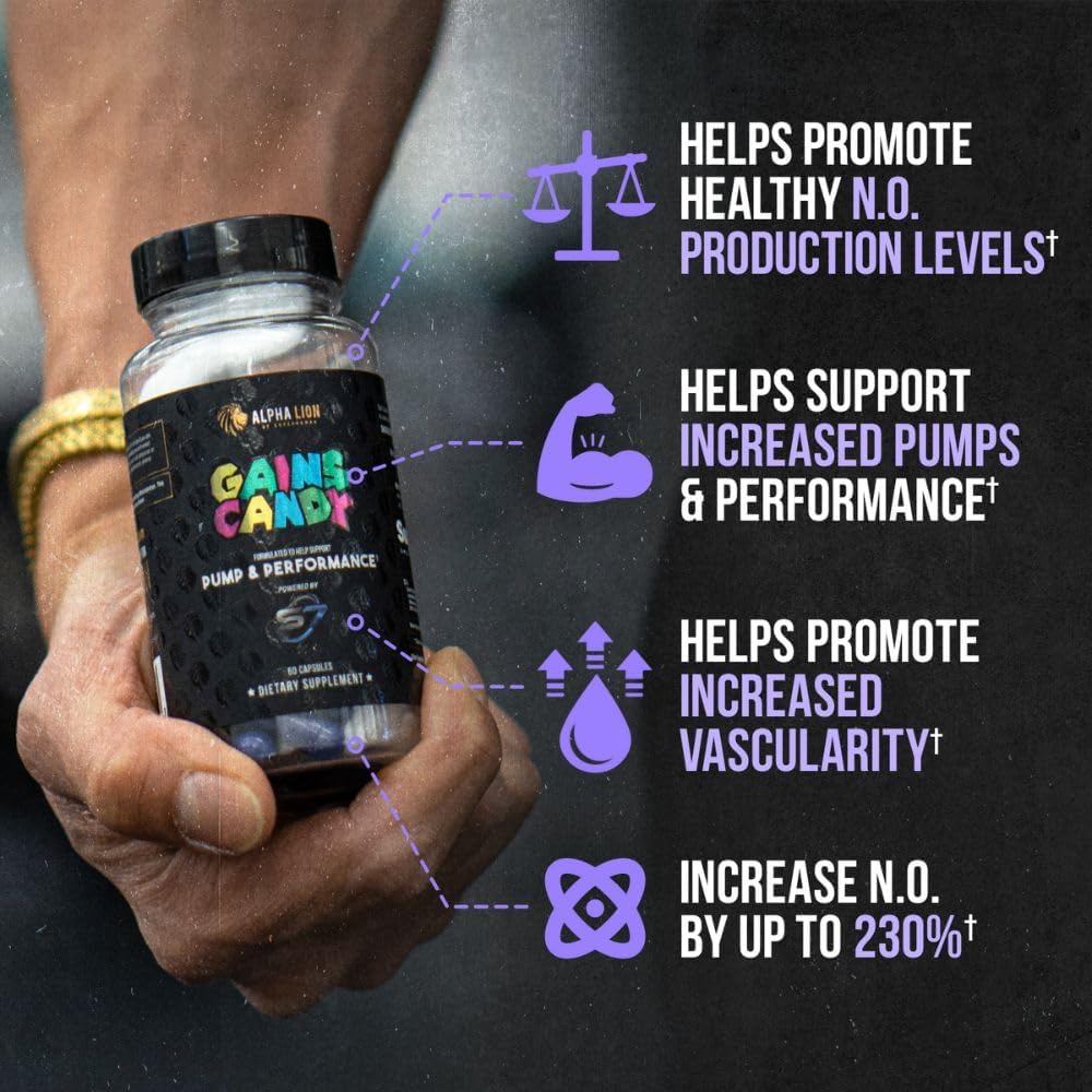 Alpha Lion Gains Candy: Nitric Oxide Booster for Muscle Pump & Mental Focus - 60 Capsules