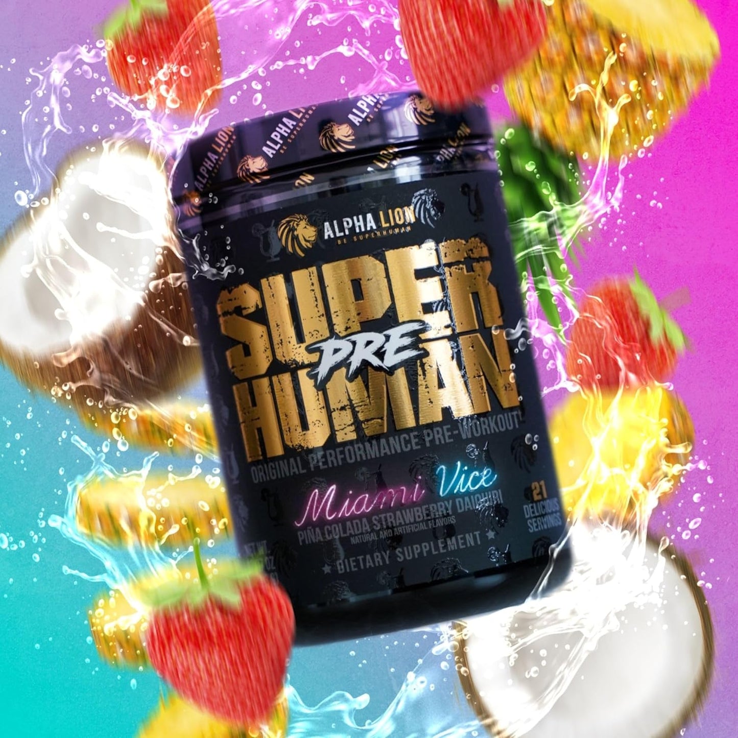 Alpha Lion Superhuman Pre Workout Powder - Energy, Focus, and Pump Blend with Beta Alanine, L-Taurine, Caffeine, Nitric Oxide, and Citrulline (21 Servings, Miami Vice)