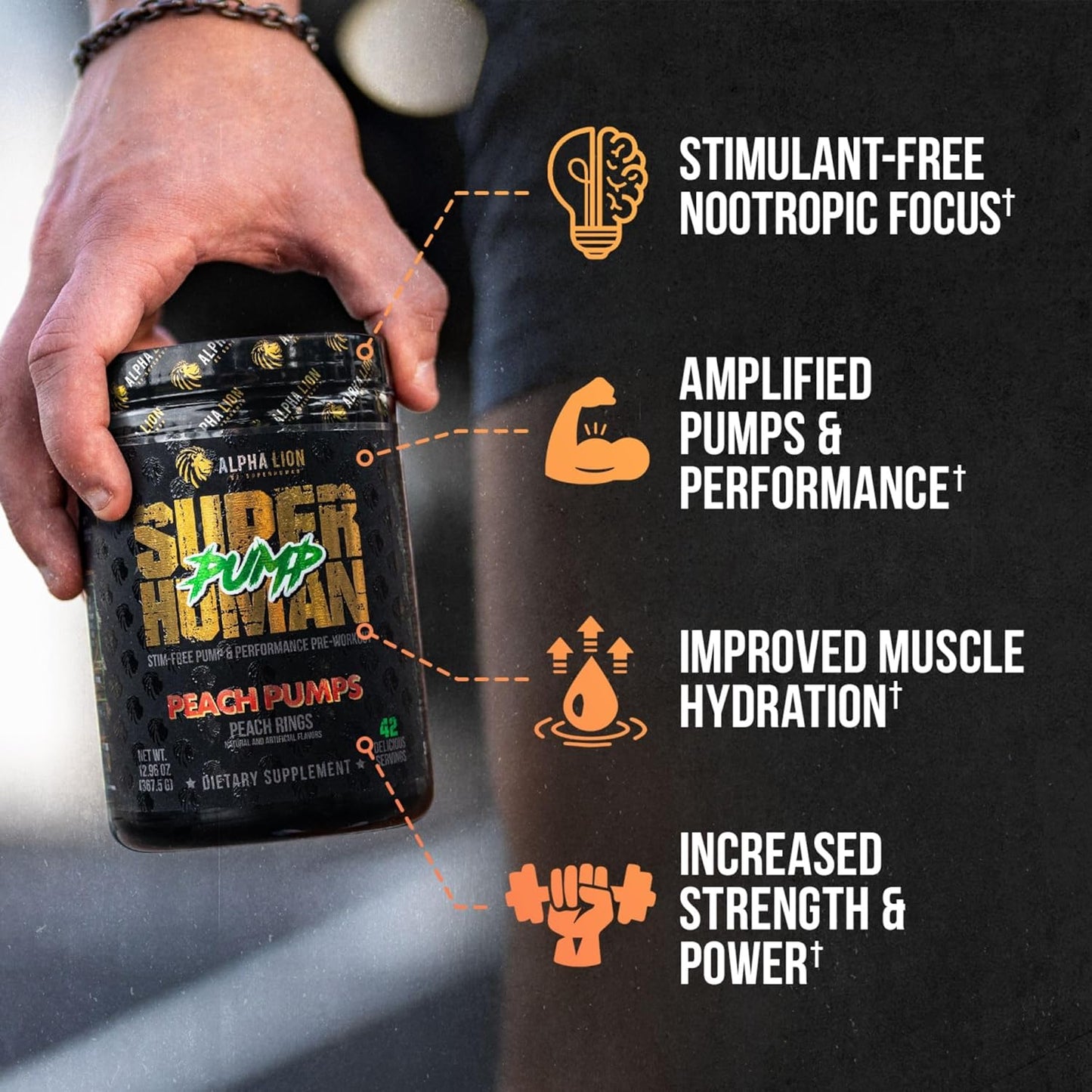 Alpha Lion Superhuman Pump Pre Workout Powder - Nootropic Caffeine & Stimulant-Free Supplement for Nitric Oxide Boost, Muscle Gain, Energy & Focus - Peach Pumps Flavor - 42 Servings