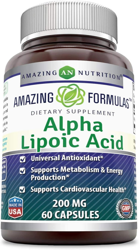 Alpha Lipoic Acid 200mg Supplement Capsules Non-GMO Gluten-Free Made in USA - 60 Count