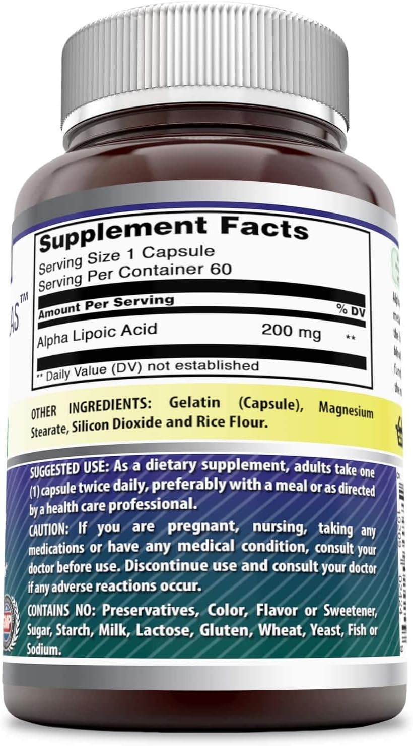Alpha Lipoic Acid 200mg Supplement Capsules Non-GMO Gluten-Free Made in USA - 60 Count