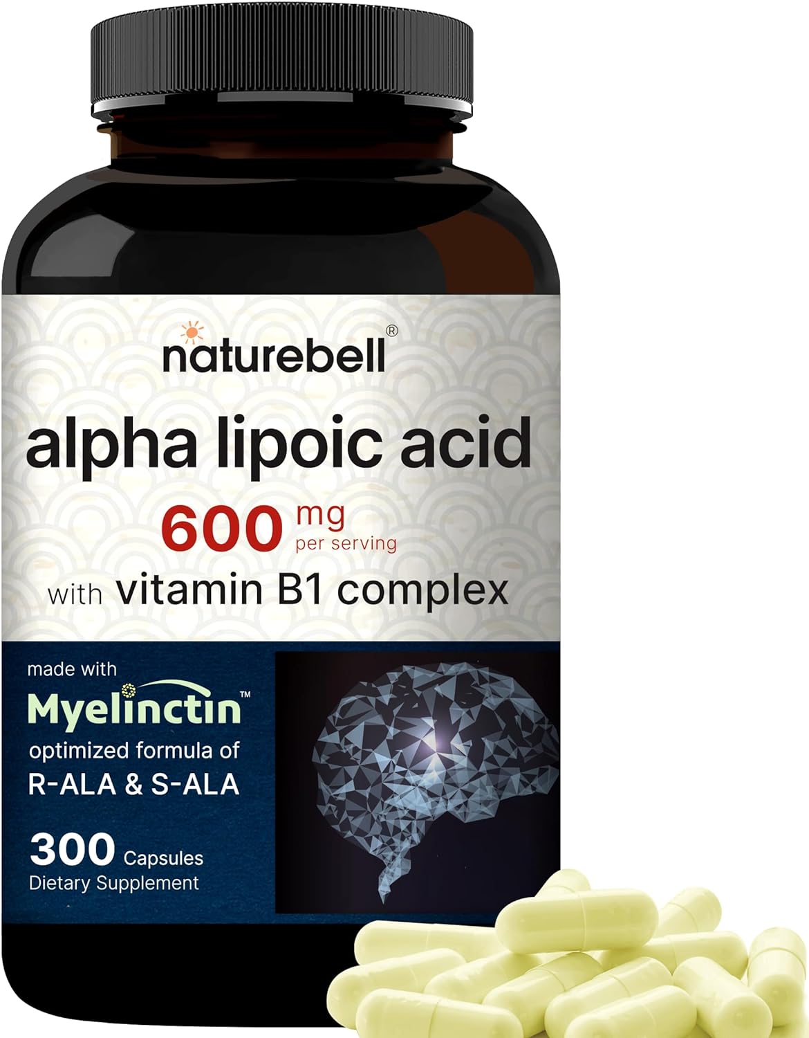 Alpha Lipoic Acid 600mg with B1 Complex 300 Capsules - R-ALA, S-ALA, Thiamine, Benfotiamine - High Potency & Bioavailability, Third Party Tested - Non-GMO & Gluten Free