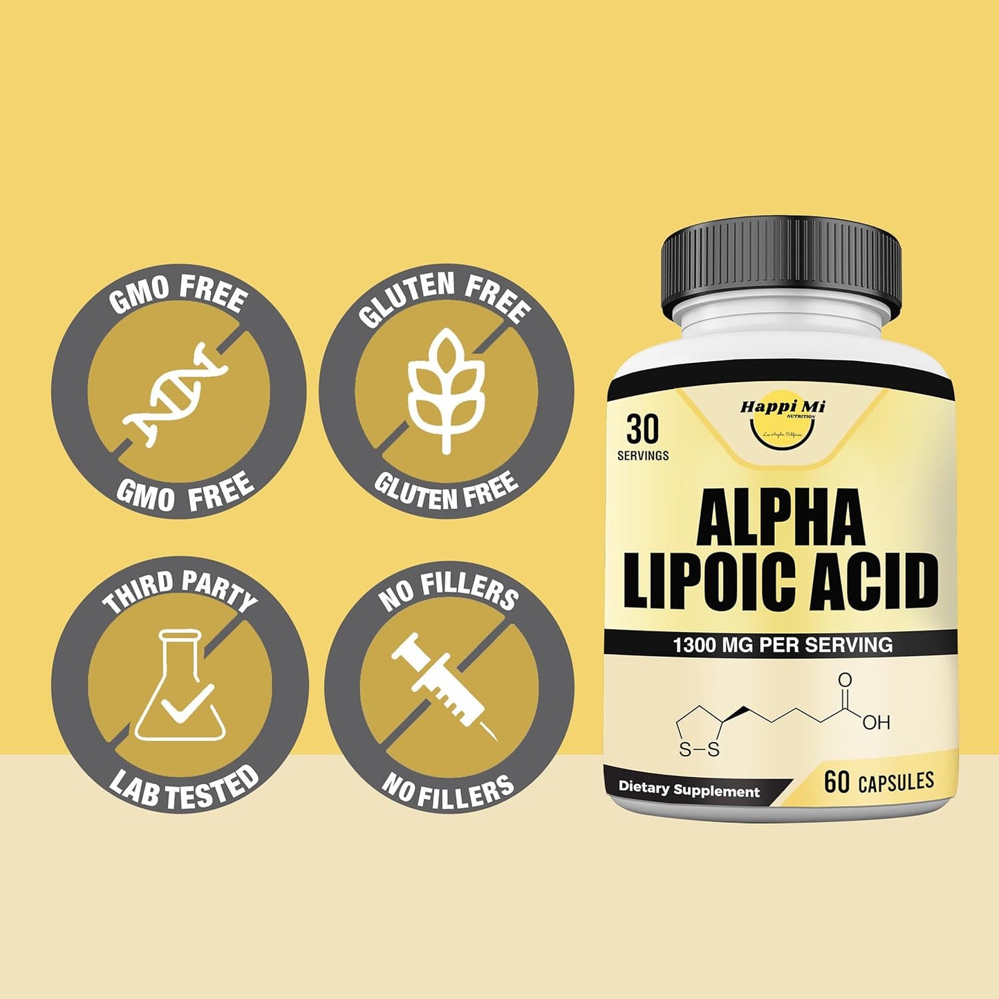Alpha Lipoic Acid Capsules 1300mg - 30 Servings - Antioxidant Support for Overall Health by Happi Mi Nutrition