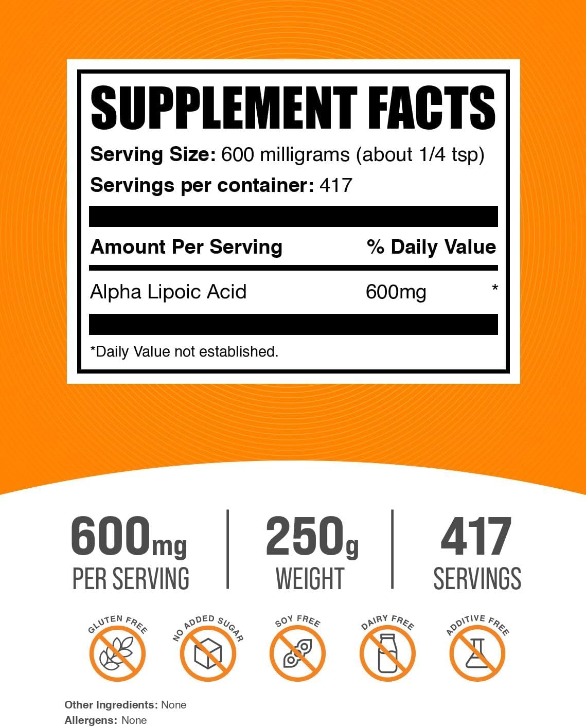 Alpha Lipoic Acid Powder 600mg - 250g (8.8 oz) - Gluten Free ALA Supplement Powder