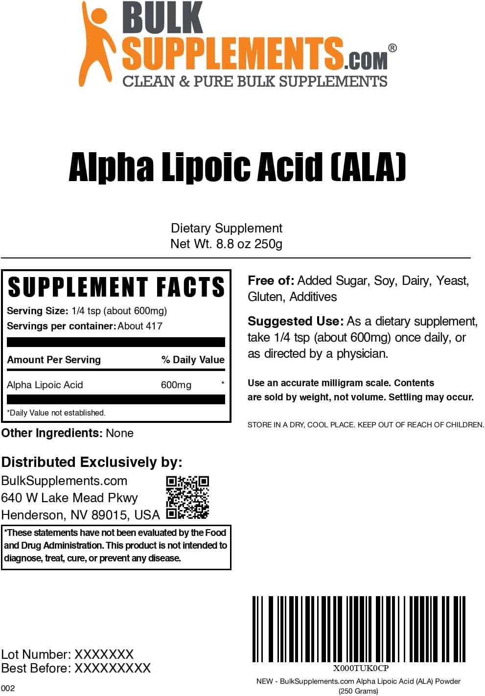 Alpha Lipoic Acid Powder 600mg - 250g (8.8 oz) - Gluten Free ALA Supplement Powder