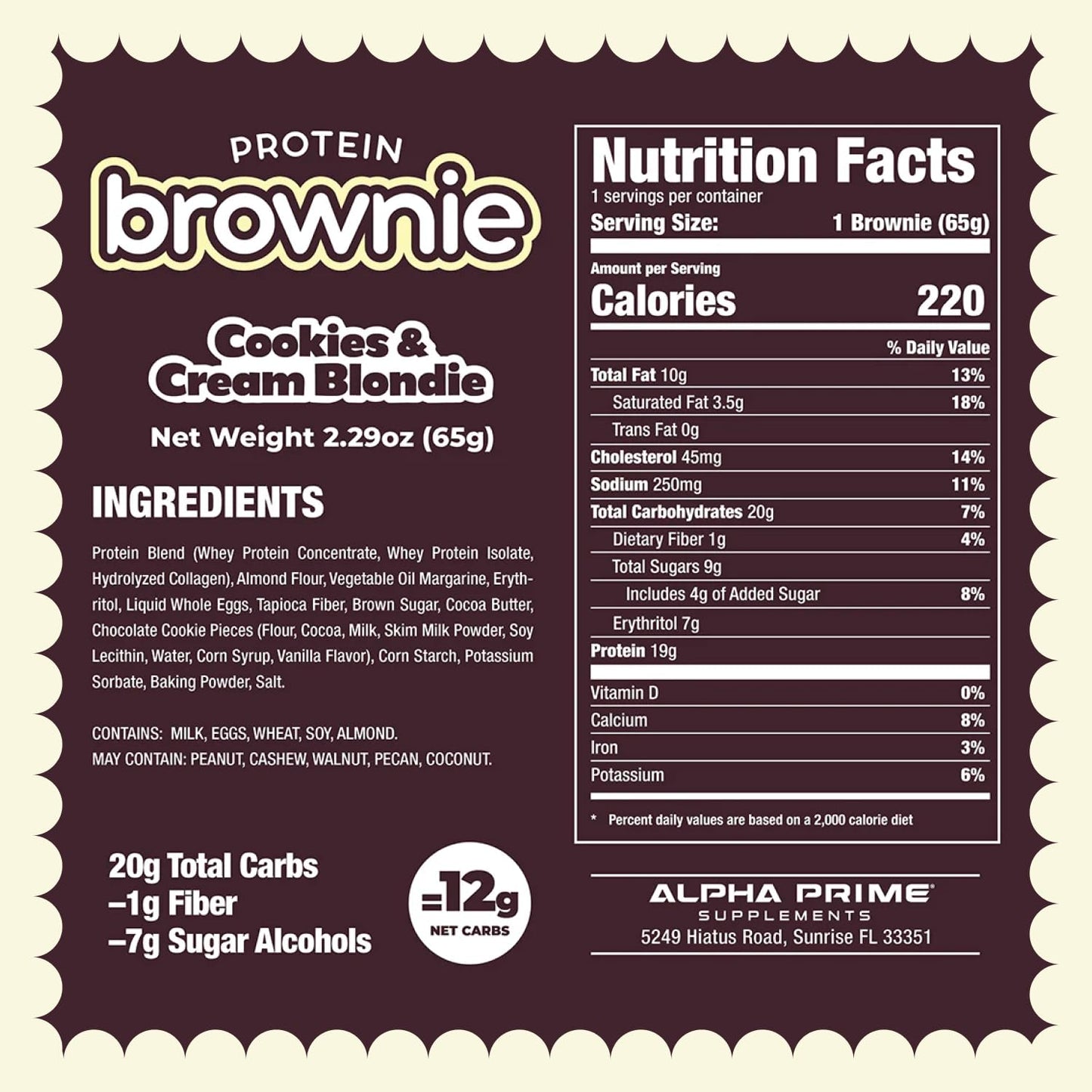 Alpha Prime Supplements Protein Brownie: High Protein, Collagen-Enriched Snack Bars - Cookie Dough Flavor - 12 Bars