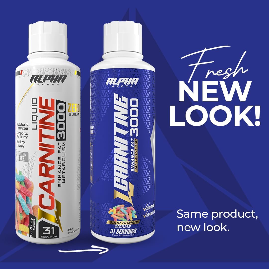 Alpha Supps L-Carnitine Liquid Supplement - 3000 mg | Stimulant-Free Amino Acid | 31 Servings - Sour Gummy Worms Flavor