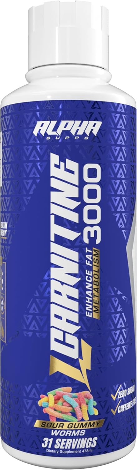 Alpha Supps L-Carnitine Liquid Supplement - 3000 mg | Stimulant-Free Amino Acid | 31 Servings - Sour Gummy Worms Flavor