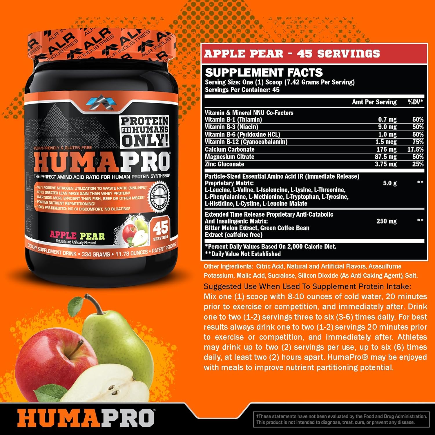 ALR Industries Humapro Amino Acids Protein Matrix - 99% Utilization for Lean Muscle - Vegan & Gluten Free - 334g (Apple Pear)