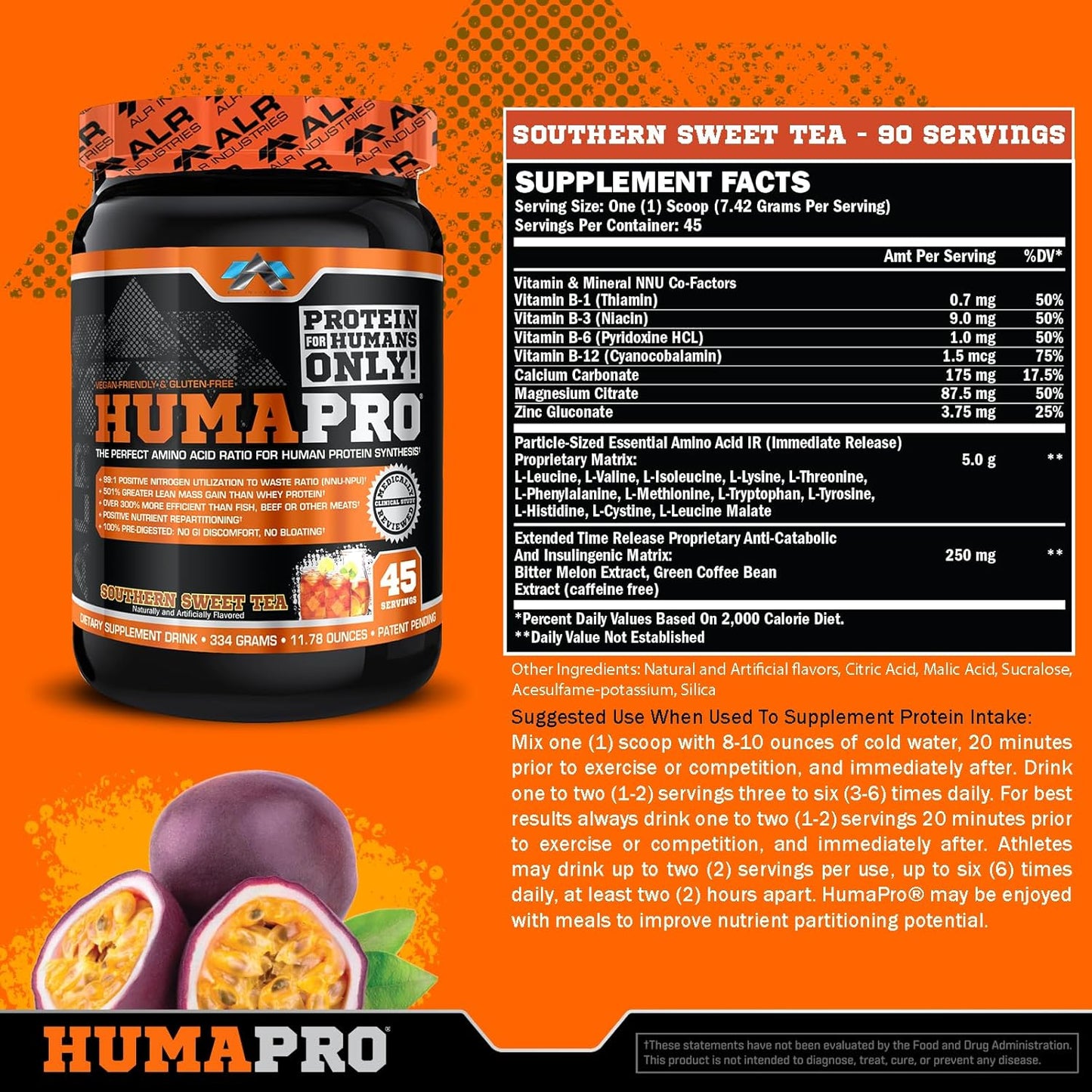 ALR Industries Humapro Amino Acids Protein Matrix 99% Utilization Lean Muscle Vegan Gluten Free 334g 45 Servings Sweet Tea