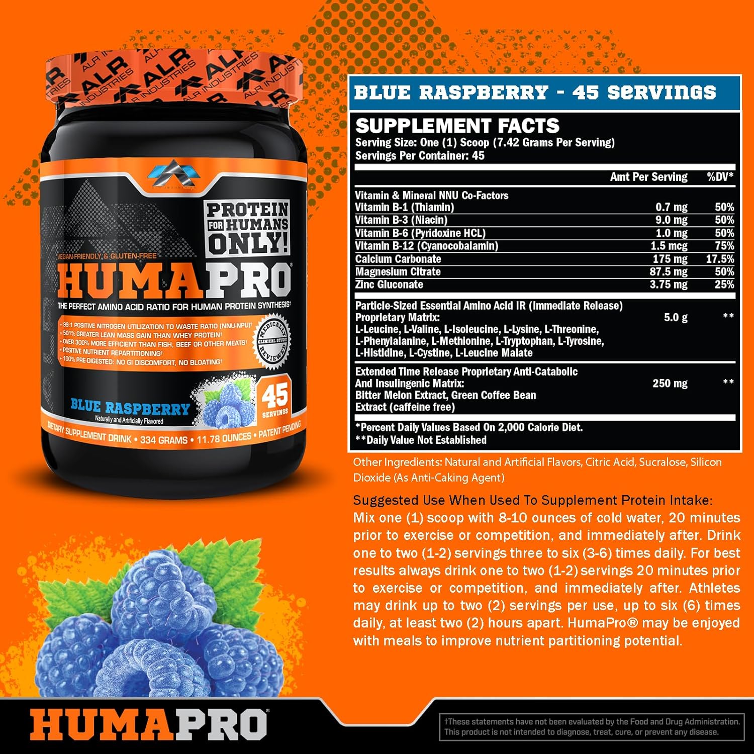 ALR Industries Humapro Amino Acids Protein Matrix 99% Utilization Lean Muscle Vegan Gluten Free Blue Raspberry 334g