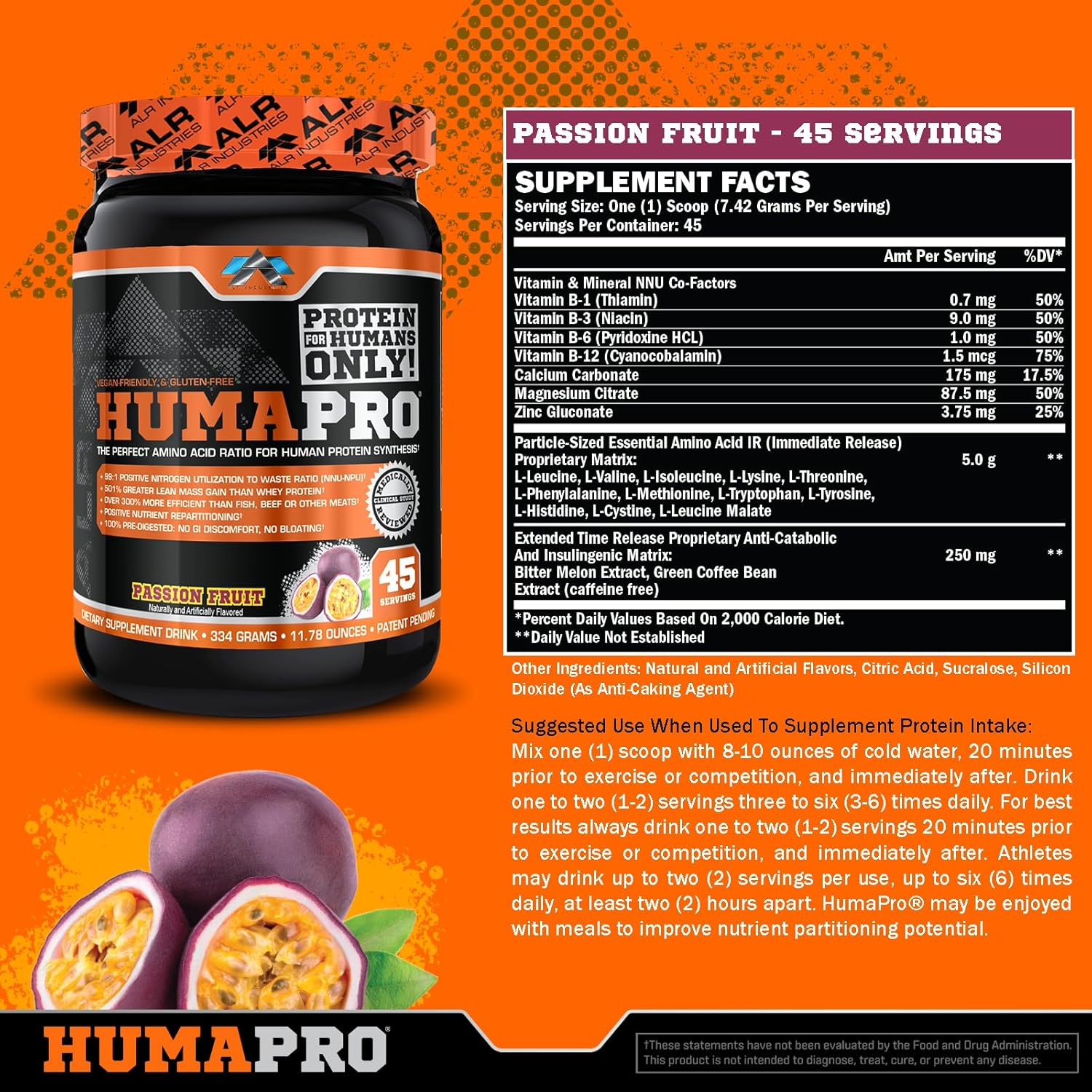 ALR Industries Humapro Amino Acids Protein Matrix | 99% Utilization for Lean Muscle | Vegan, Gluten Free | Passion Fruit Flavor | 334g