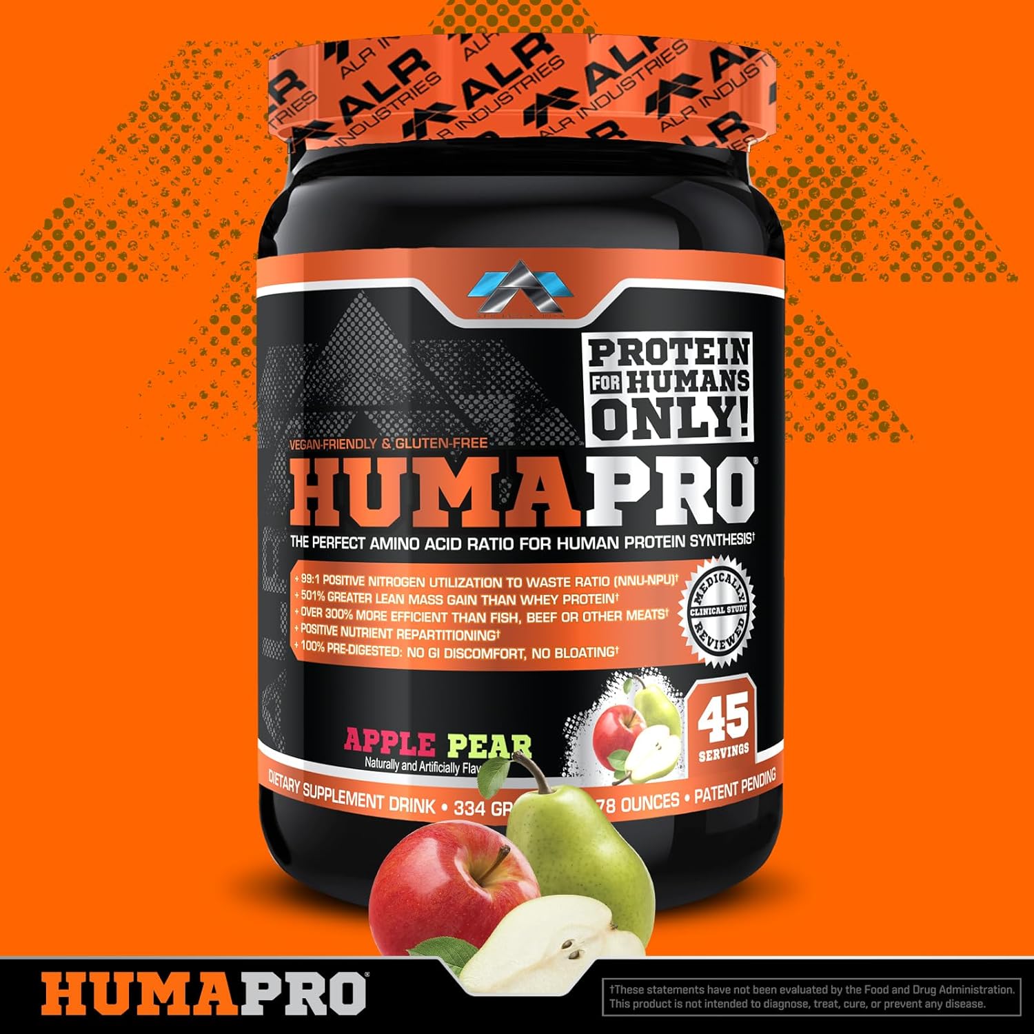 ALR Industries Humapro Amino Acids Protein Matrix - 99% Utilization for Lean Muscle - Vegan & Gluten Free - 334g (Apple Pear)