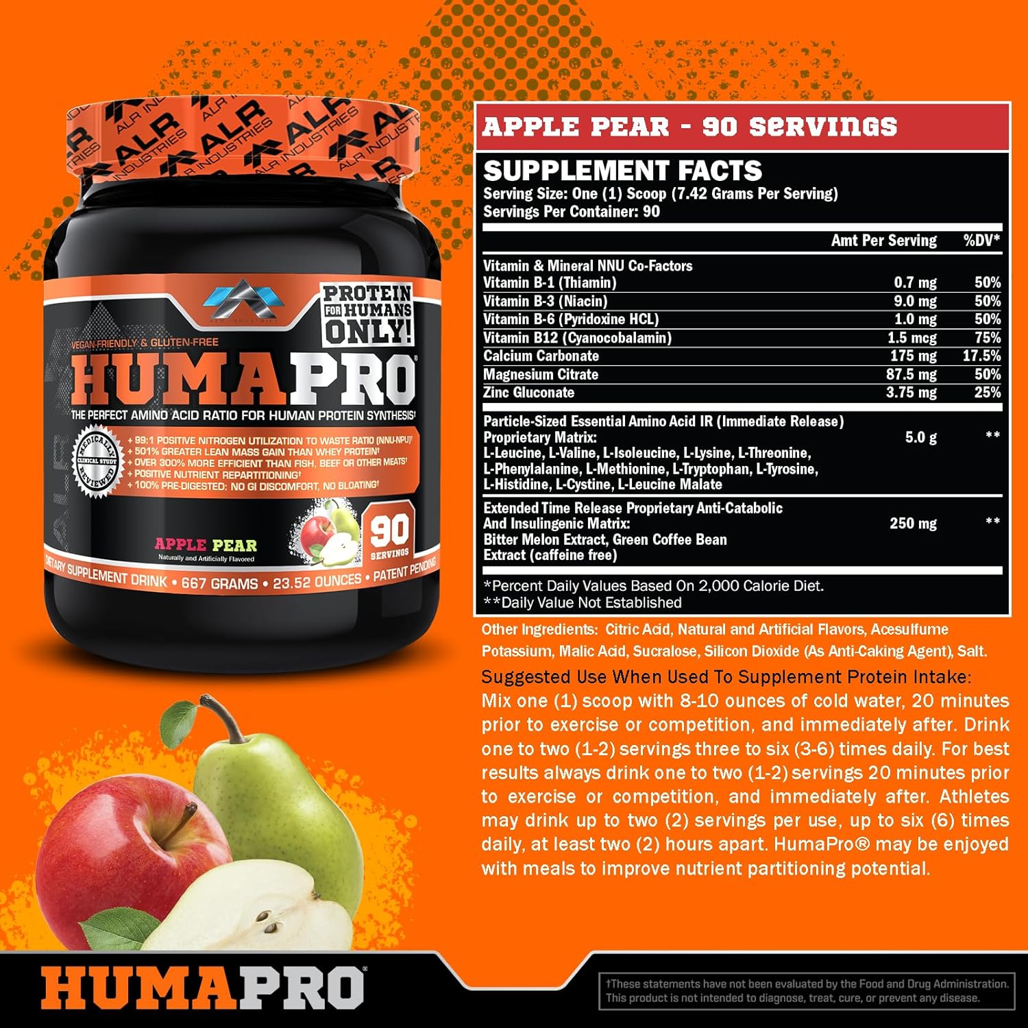 ALR Industries Humapro Amino Acids Protein Matrix | 99% Utilization for Lean Muscle | Vegan & Gluten Free | Apple Pear Flavor | 667g / 90 Servings