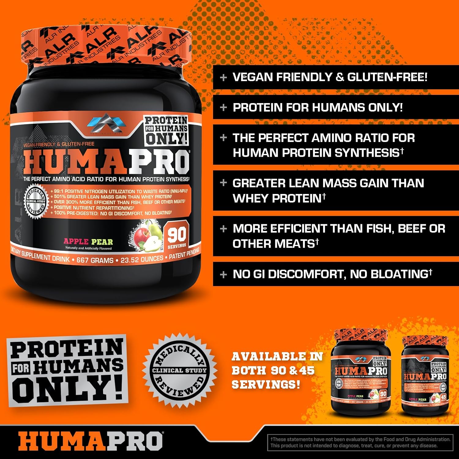 ALR Industries Humapro Amino Acids Protein Matrix | 99% Utilization for Lean Muscle | Vegan & Gluten Free | Apple Pear Flavor | 667g / 90 Servings