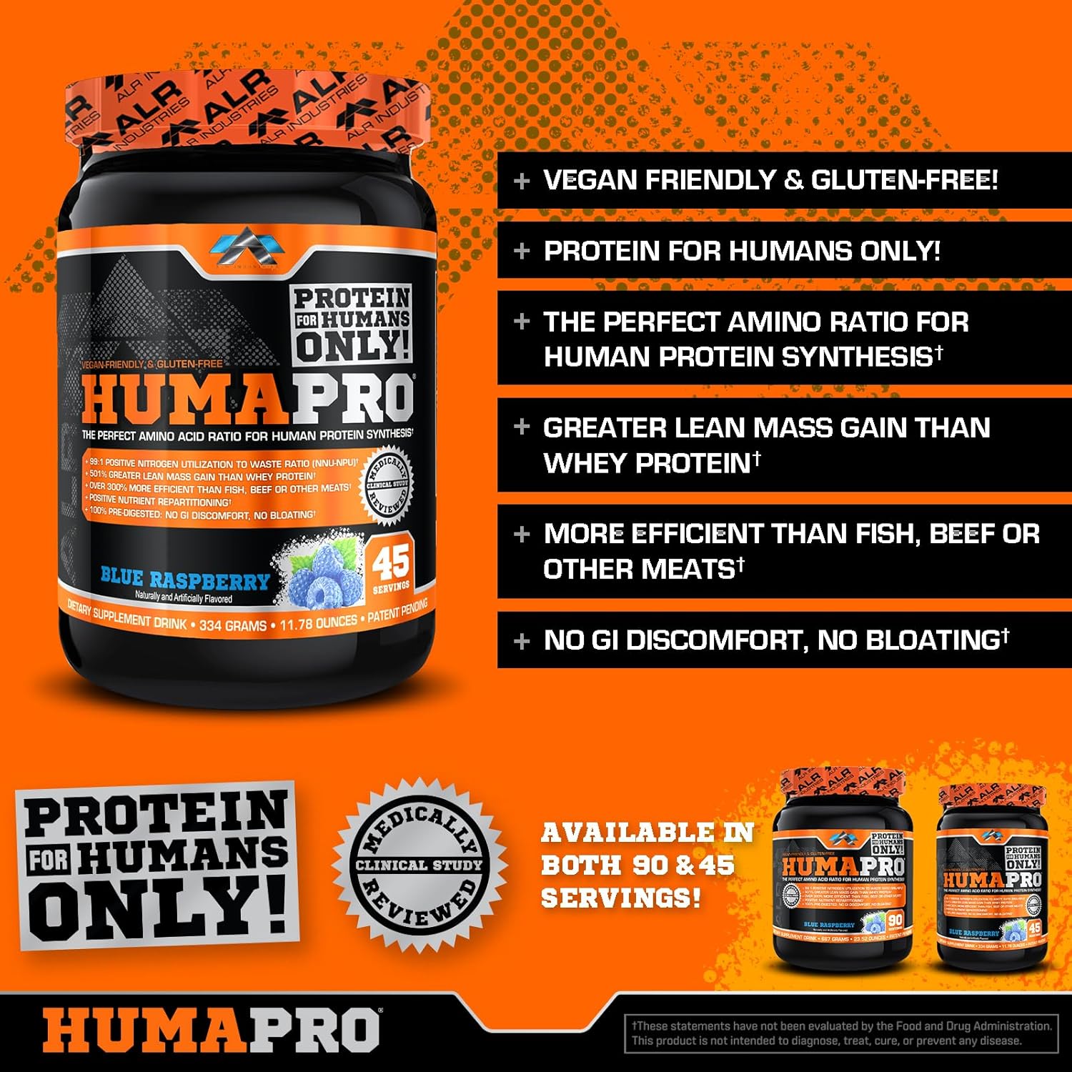 ALR Industries Humapro Amino Acids Protein Matrix 99% Utilization Lean Muscle Vegan Gluten Free Blue Raspberry 334g