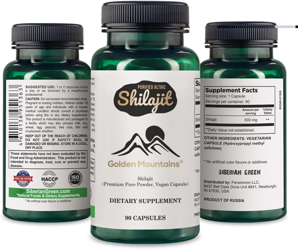 Altai Shilajit Golden Mountains Capsules 500mg - 90 Count Vegan Pure Supplement with Premium Trace Minerals