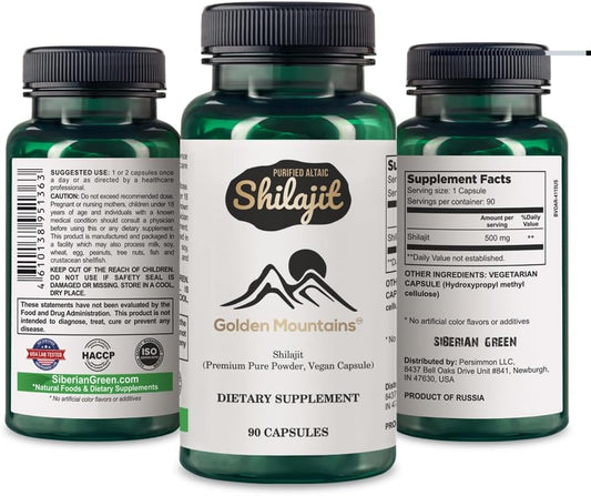 Altai Shilajit Golden Mountains Capsules 500mg - 90 Count Vegan Pure Supplement with Premium Trace Minerals