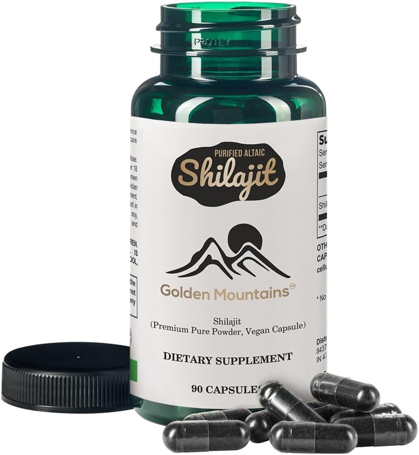 Altai Shilajit Golden Mountains Capsules 500mg - 90 Count Vegan Pure Supplement with Premium Trace Minerals