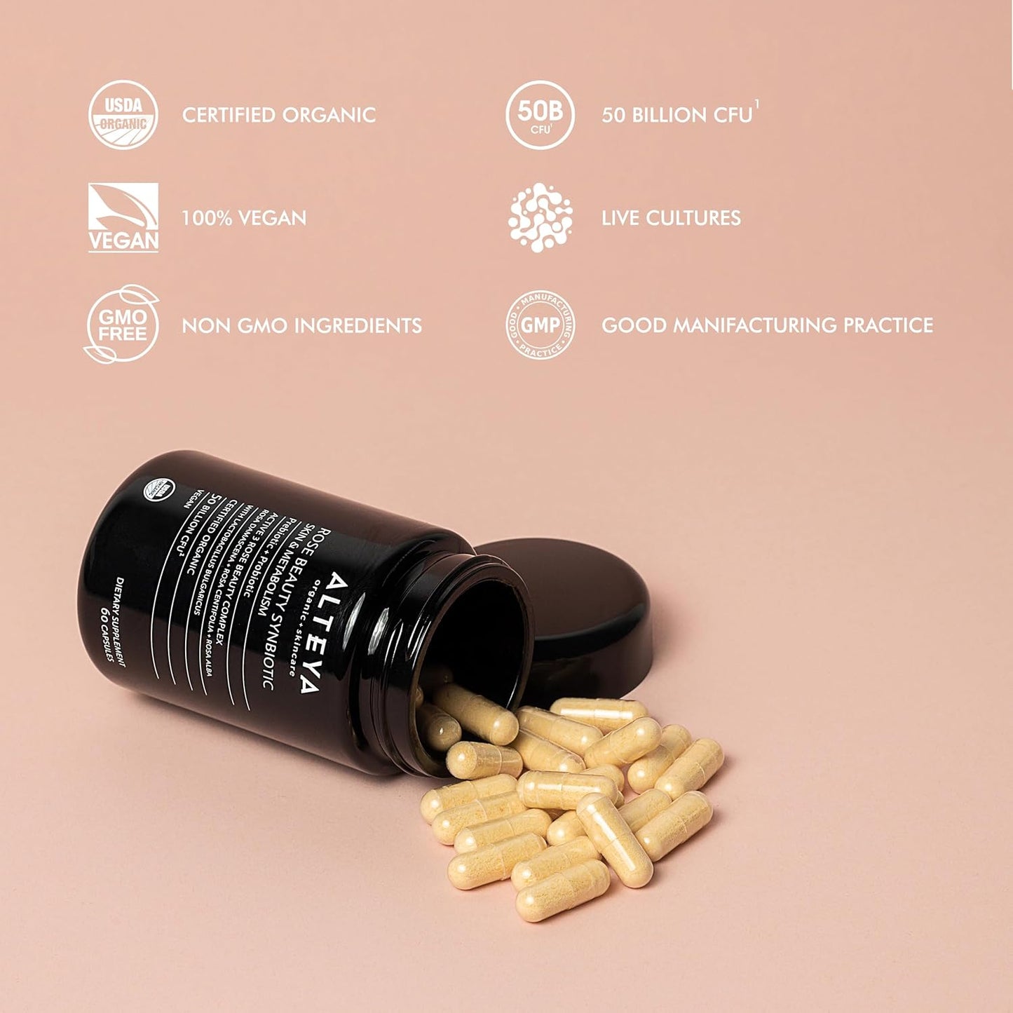 Alteya Organics Beauty Supplement with Prebiotics, Probiotics, and Rose Extracts - 50 Billion CFU for Skin and Metabolism - 60 Capsules