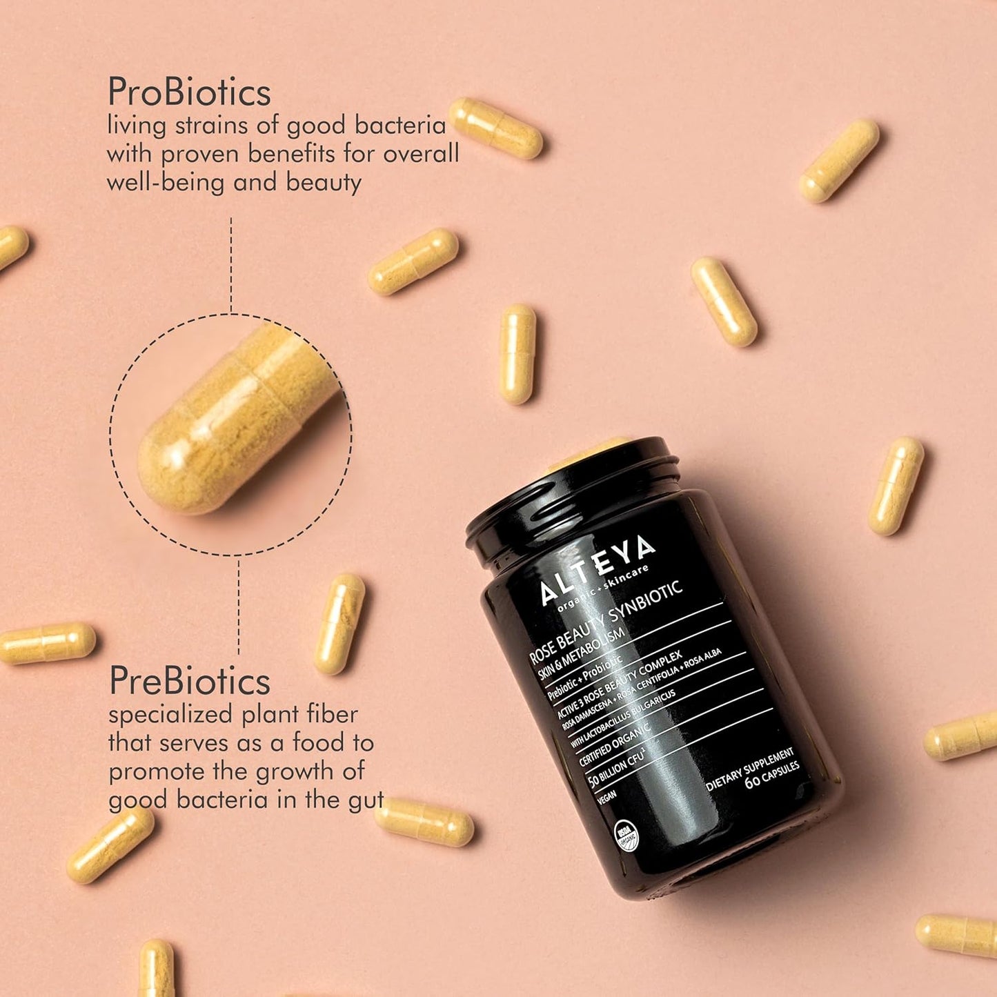 Alteya Organics Beauty Supplement with Prebiotics, Probiotics, and Rose Extracts - 50 Billion CFU for Skin and Metabolism - 60 Capsules