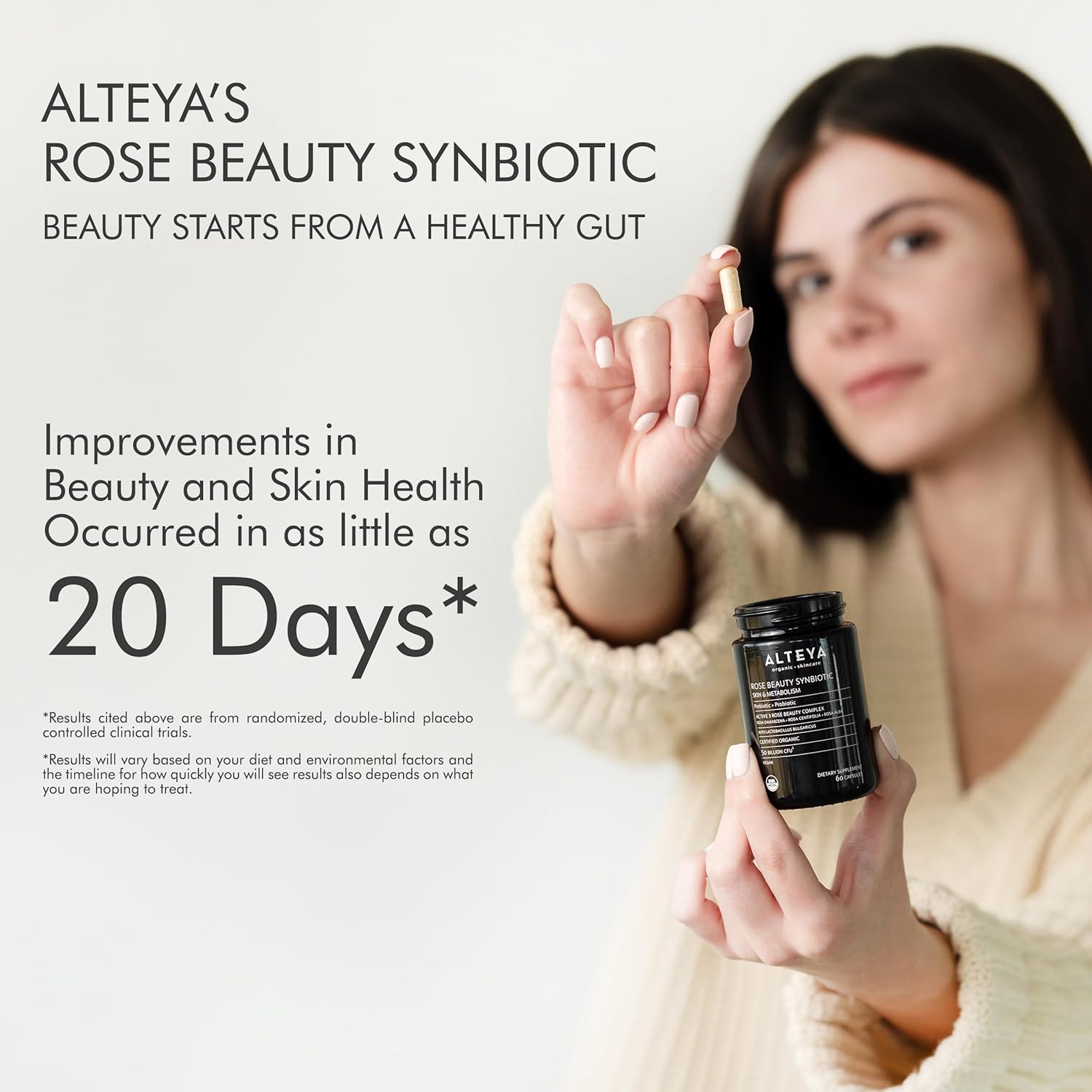Alteya Organics Beauty Supplement with Prebiotics, Probiotics, and Rose Extracts - 50 Billion CFU for Skin and Metabolism - 60 Capsules