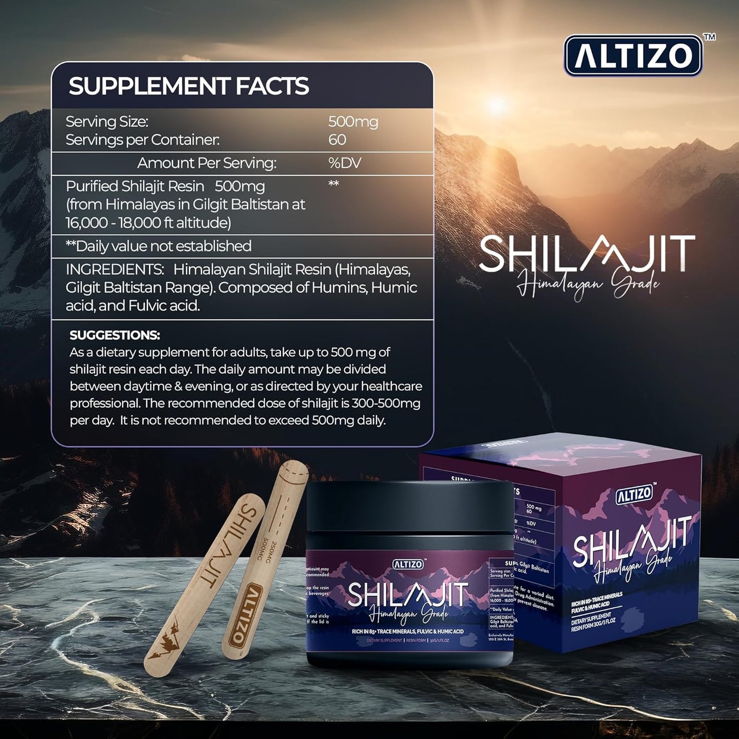 Altizo Shilajit Pure Himalayan Organic Resin - Natural Shilajit Resin with High Potency Fulvic Acid & 85 Trace Minerals - Energy Booster & Immune Support Supplement - 500mg - Lab Tested & Includes Spoon