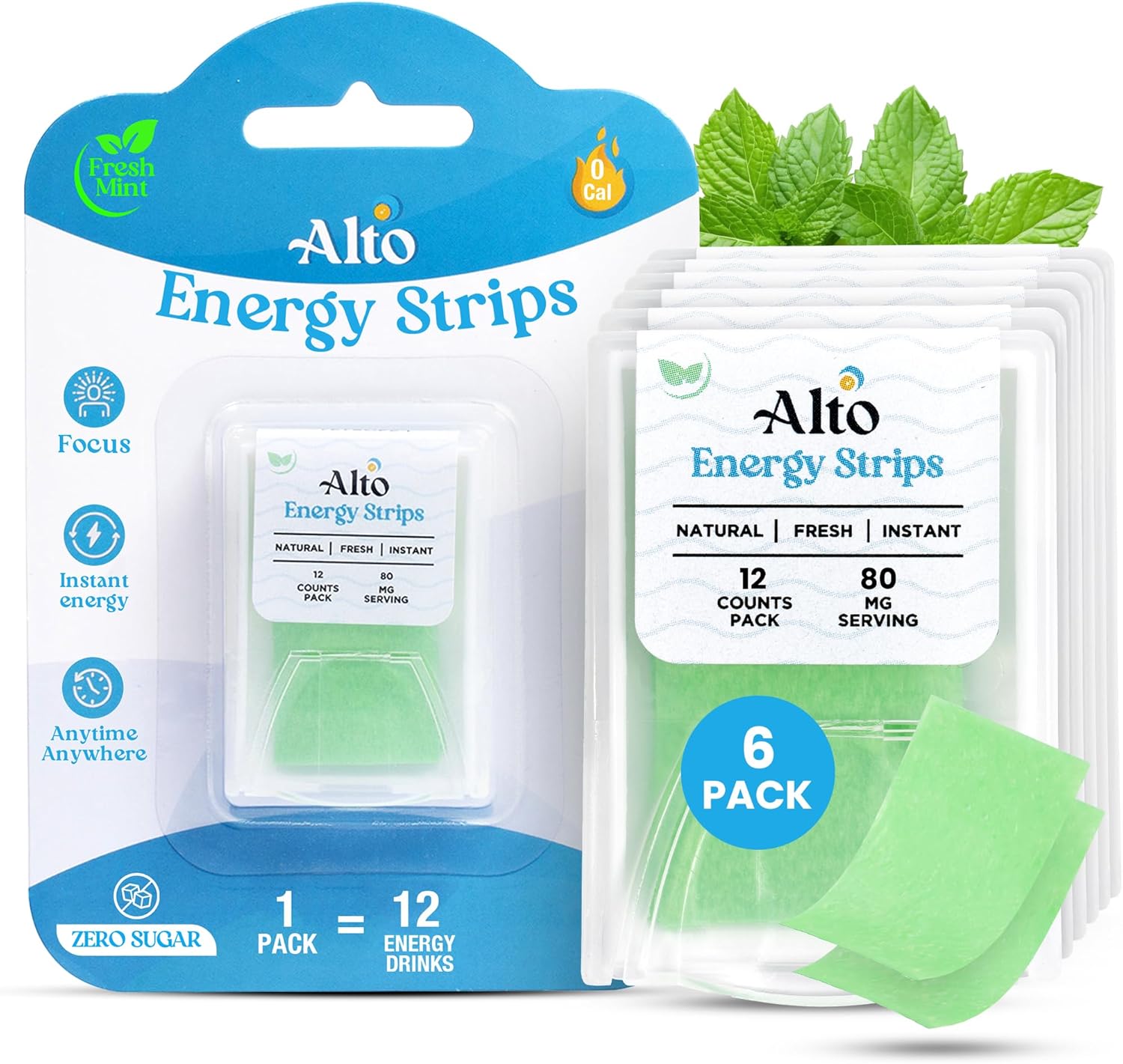 Alto Energy Strips: 80mg Natural Caffeine, 10X Faster Absorption, Minty Flavor - 6 Pack