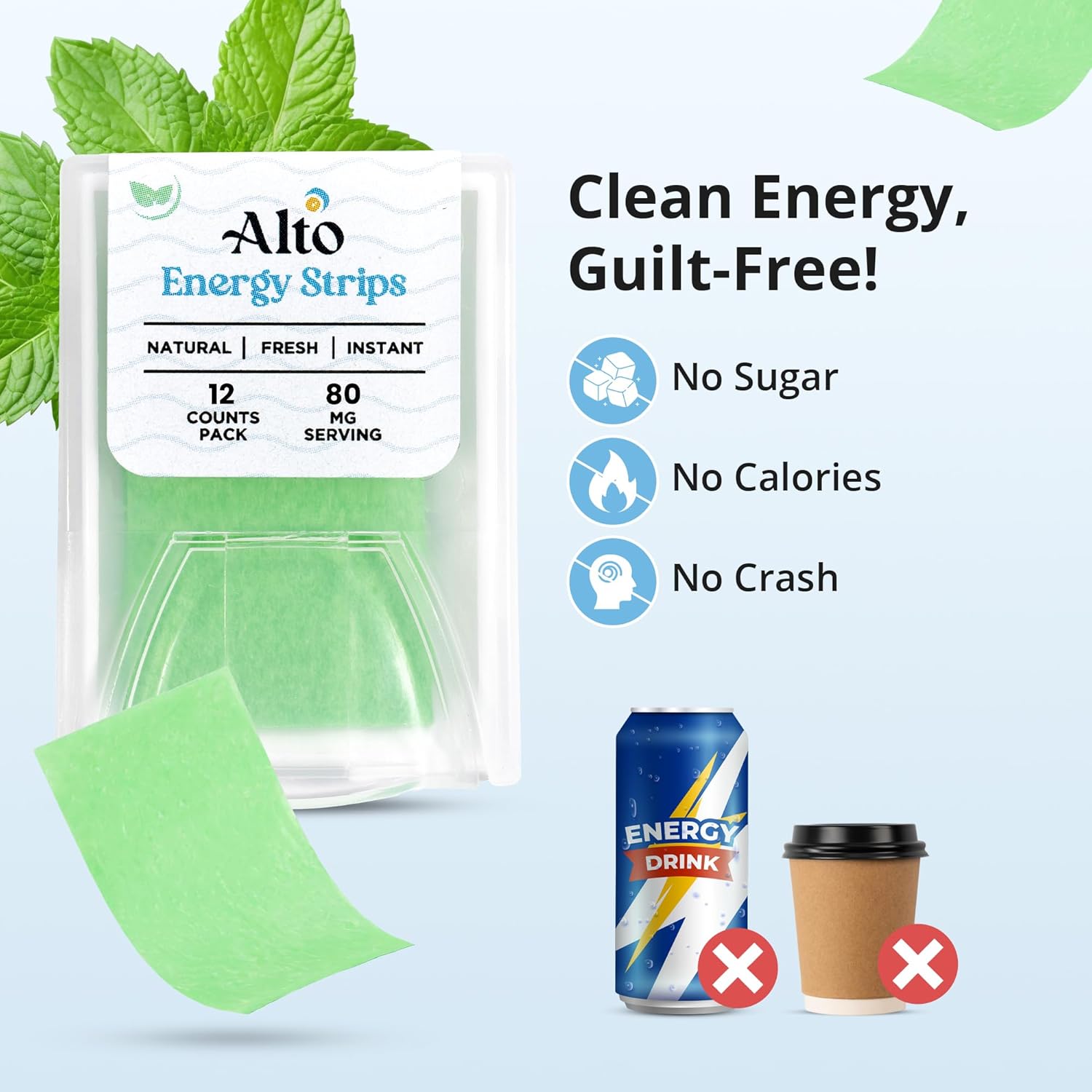 Alto Energy Strips: 80mg Natural Caffeine, 10X Faster Absorption, Minty Flavor - 6 Pack