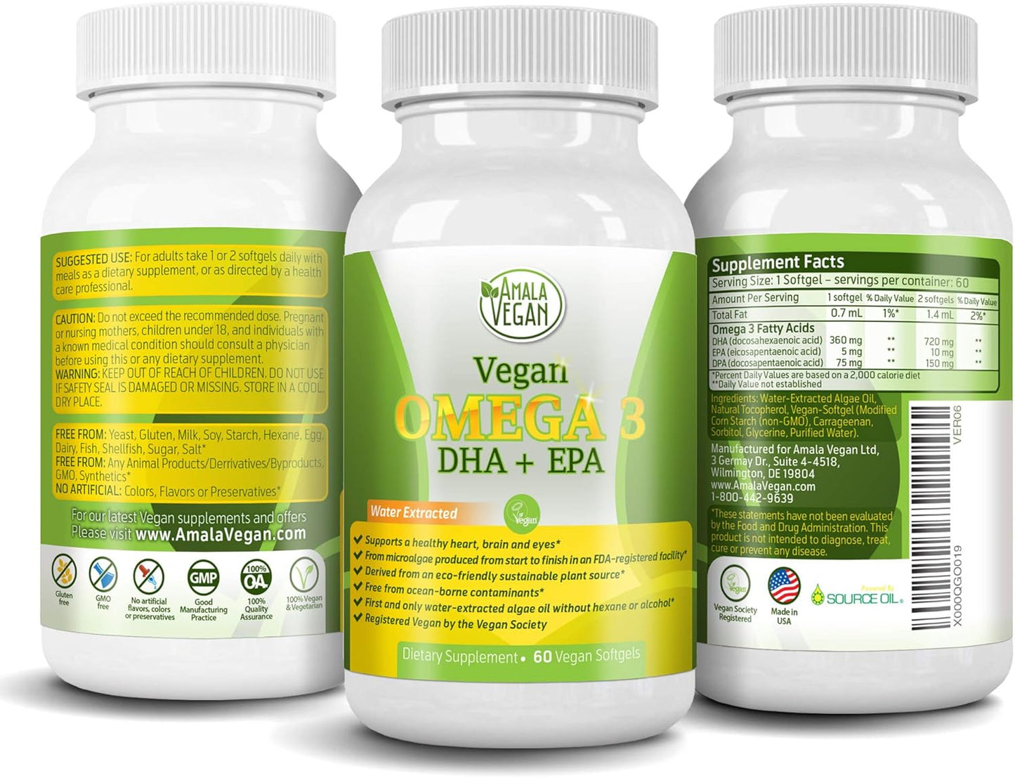 Amala Vegan Plant-Based Algae Oil Supplement: Omega-3 DHA EPA DPA Fatty Acids for Immune, Joint, Heart, Skin & Brain Health- Non GMO- 2 Month Supply