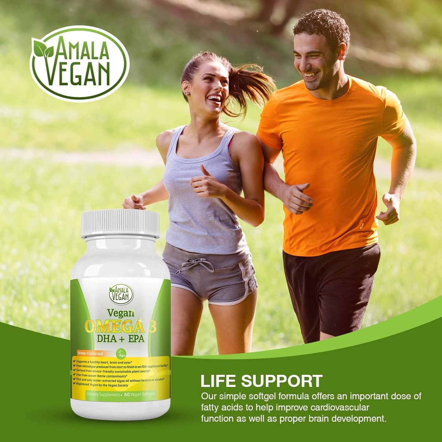 Amala Vegan Plant-Based Algae Oil Supplement: Omega-3 DHA EPA DPA Fatty Acids for Immune, Joint, Heart, Skin & Brain Health- Non GMO- 2 Month Supply