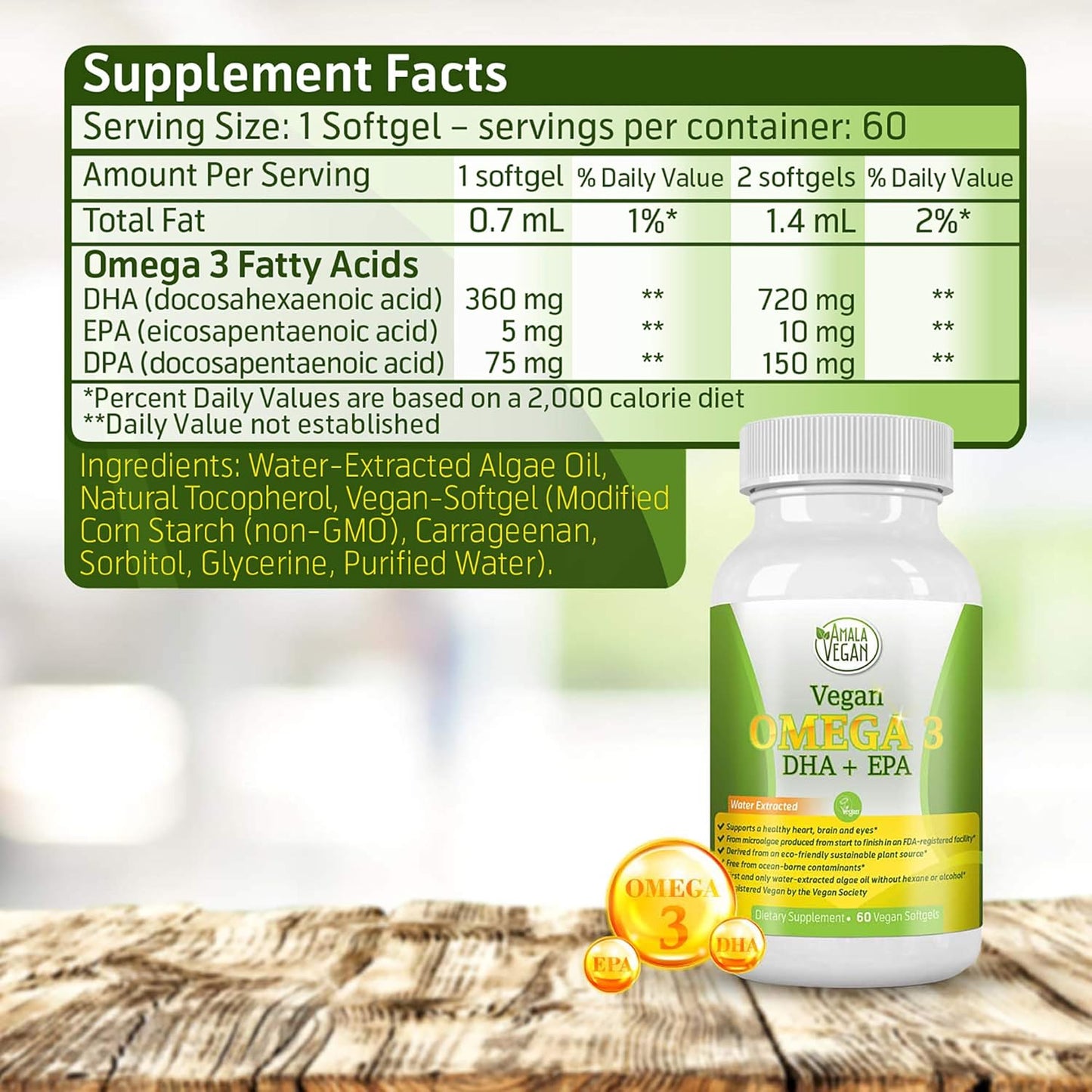 Amala Vegan Plant-Based Algae Oil Supplement: Omega-3 DHA EPA DPA Fatty Acids for Immune, Joint, Heart, Skin & Brain Health- Non GMO- 2 Month Supply