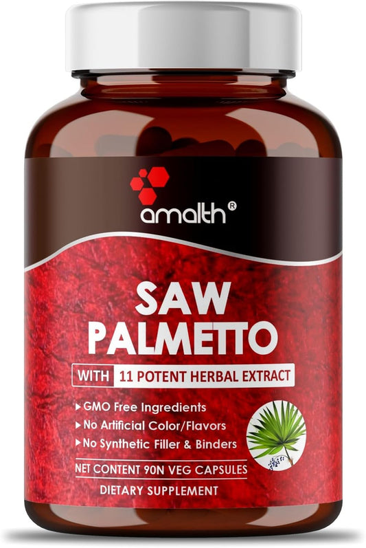 AMALTH Premium Saw Palmetto Capsule with Ashwagandha, Tribulus, Ginger, Maca, Holy Basil for Prostate - 90 Capsules