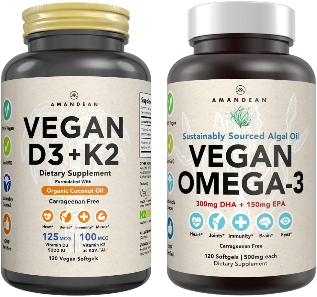 AMANDEAN Plant-Based Omega-3 and Vitamin D3 + K2 Combo with All-Trans MK-7 - Carrageenan Free Veggie Softgels