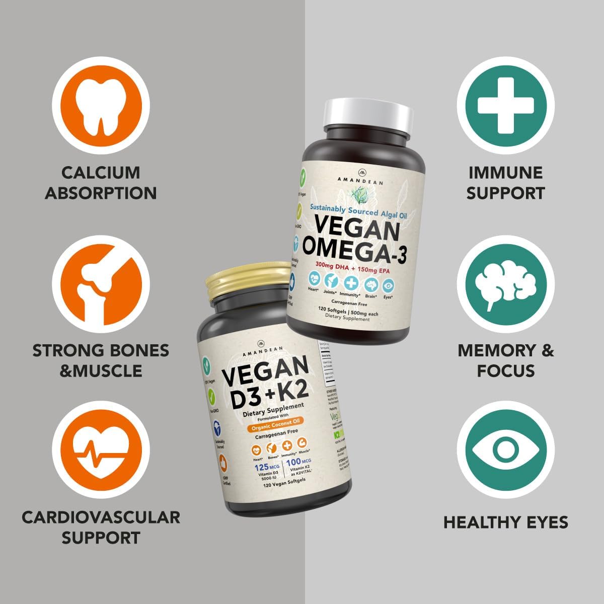 AMANDEAN Plant-Based Omega-3 and Vitamin D3 + K2 Combo with All-Trans MK-7 - Carrageenan Free Veggie Softgels