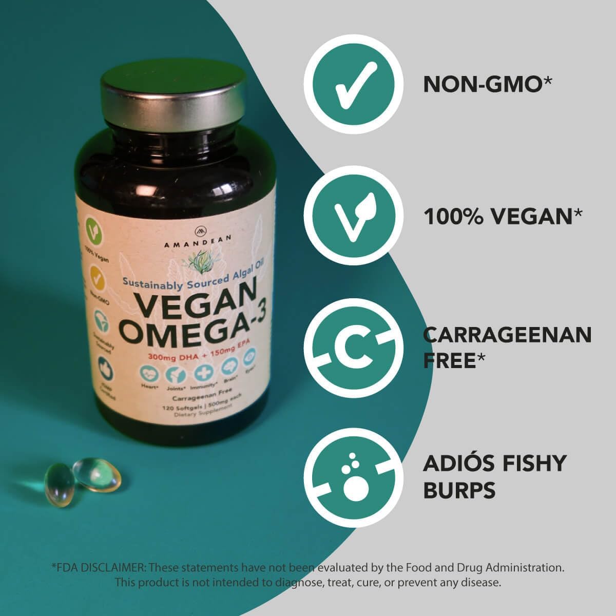 AMANDEAN Plant-Based Omega-3 and Vitamin D3 + K2 Combo with All-Trans MK-7 - Carrageenan Free Veggie Softgels