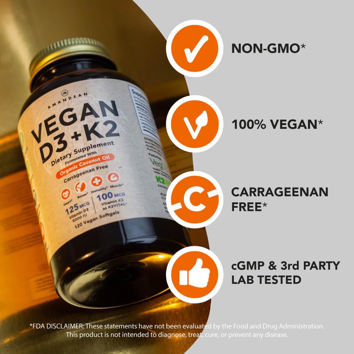 AMANDEAN Plant-Based Omega-3 and Vitamin D3 + K2 Combo with All-Trans MK-7 - Carrageenan Free Veggie Softgels