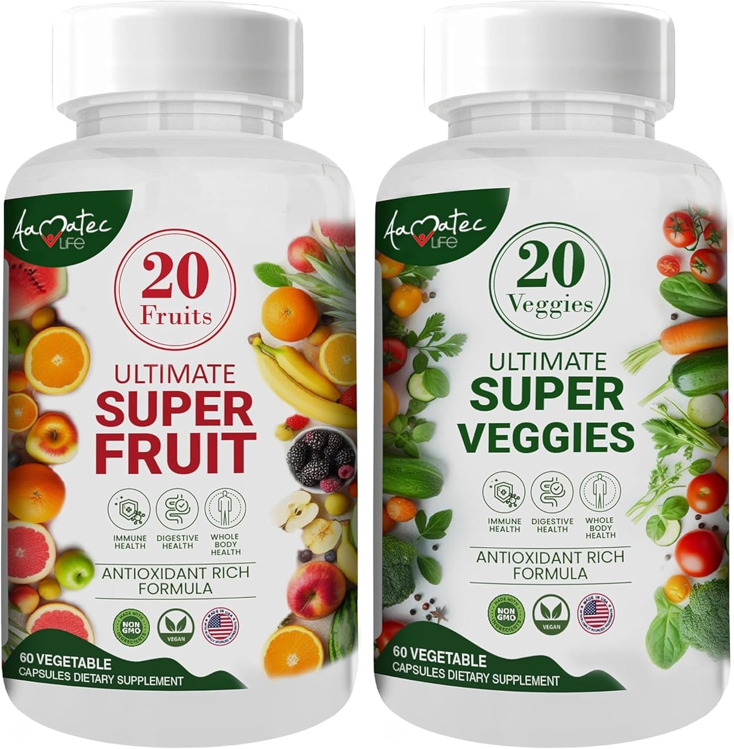 Amatec Life Fruit and Vegetable Supplements - 70 Fruits & Veggies for Men & Women - Natural Superfood Capsules for Dietary Balance - 120 Capsules