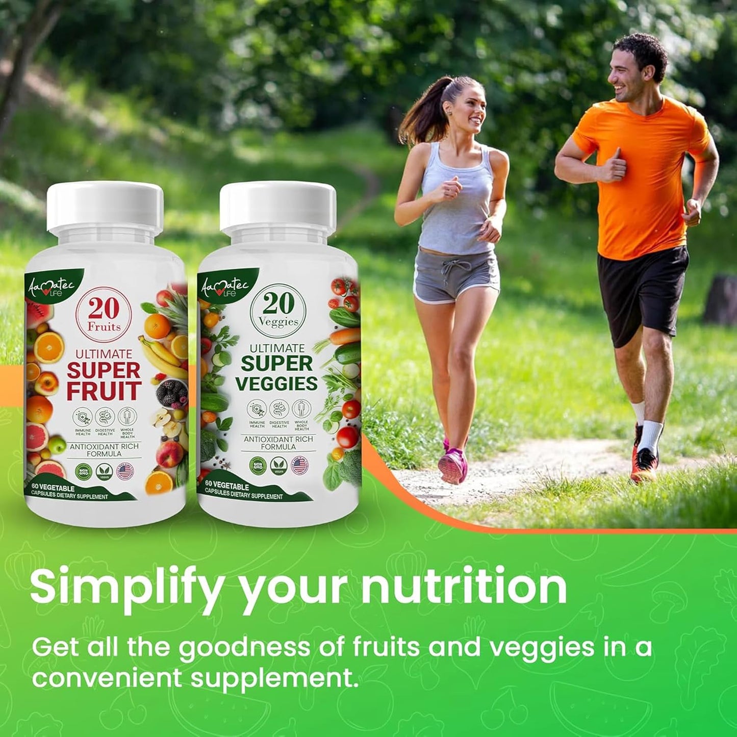 Amatec Life Fruit and Vegetable Supplements - 70 Fruits & Veggies for Men & Women - Natural Superfood Capsules for Dietary Balance - 120 Capsules