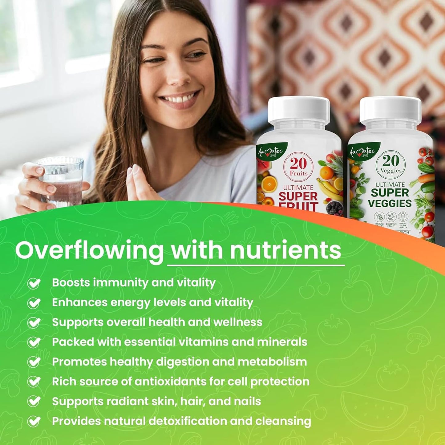 Amatec Life Fruit and Vegetable Supplements - 70 Fruits & Veggies for Men & Women - Natural Superfood Capsules for Dietary Balance - 120 Capsules