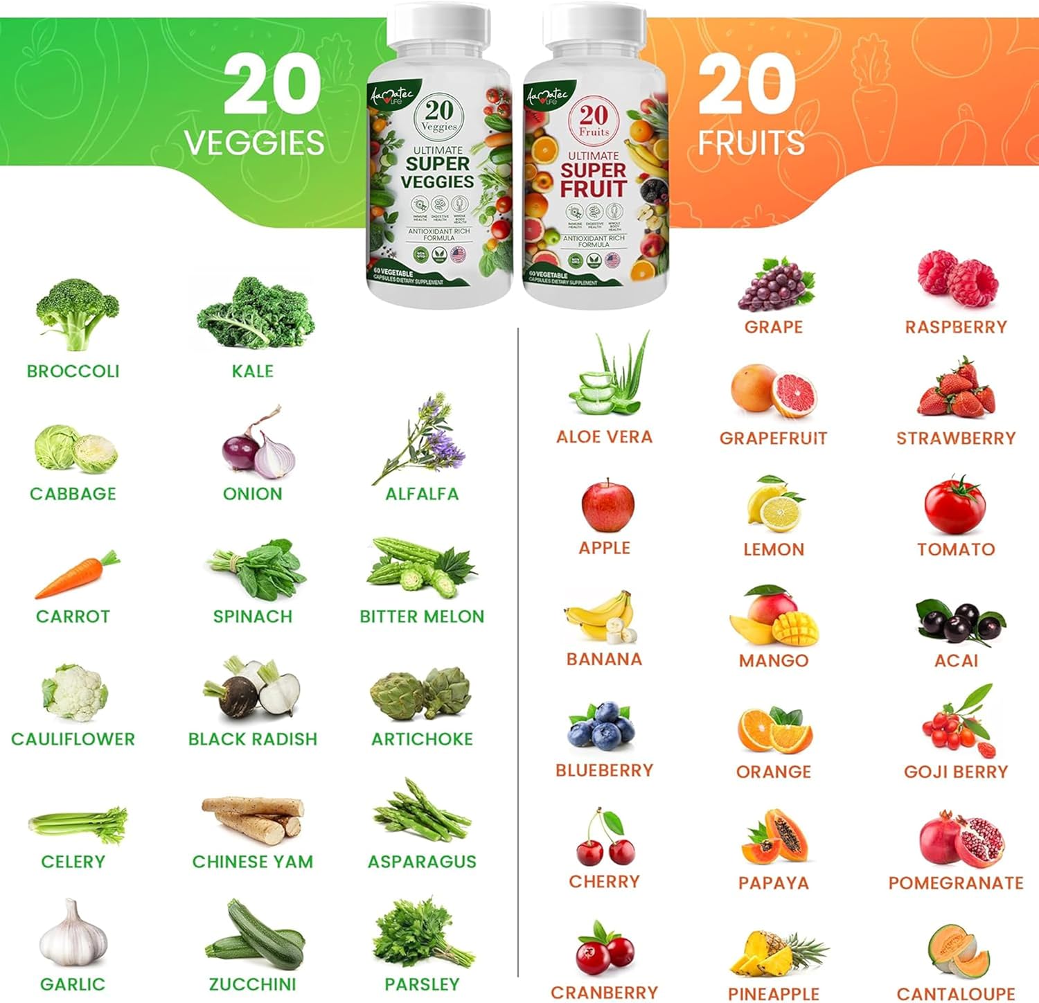 Amatec Life Fruit and Vegetable Supplements - 70 Fruits & Veggies for Men & Women - Natural Superfood Capsules for Dietary Balance - 120 Capsules