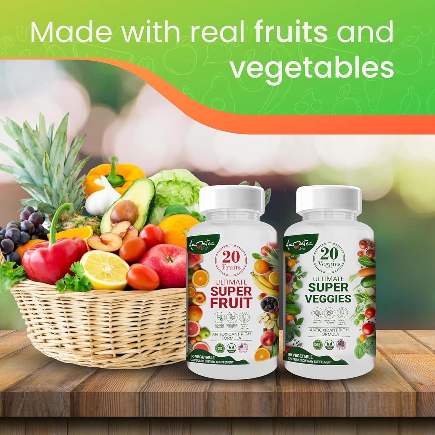 Amatec Life Fruit and Vegetable Supplements - 70 Fruits & Veggies for Men & Women - Natural Superfood Capsules for Dietary Balance - 120 Capsules