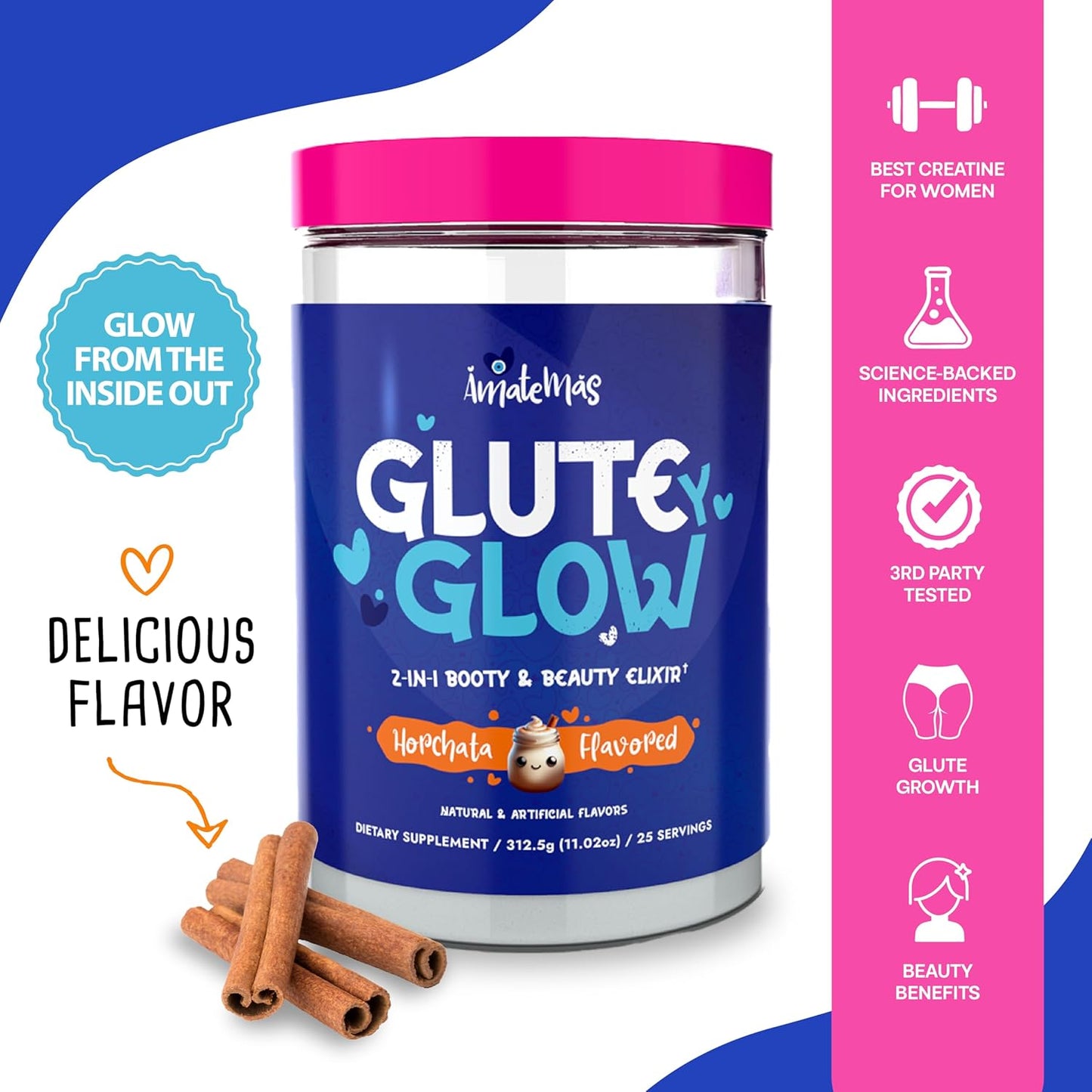 Amatemas Glute & Glow Creatine Elixir for Women - Supports Hair Growth, Strong Nails, and Skin Glow - Horchata Flavor