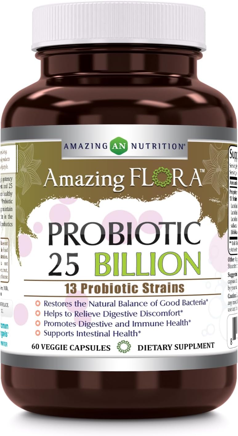 Amazing Flora Probiotic 13 with 25 Billion CFUs, 60 Veggie Capsules - Non-GMO, Gluten Free, USA-Made Veg Supplement