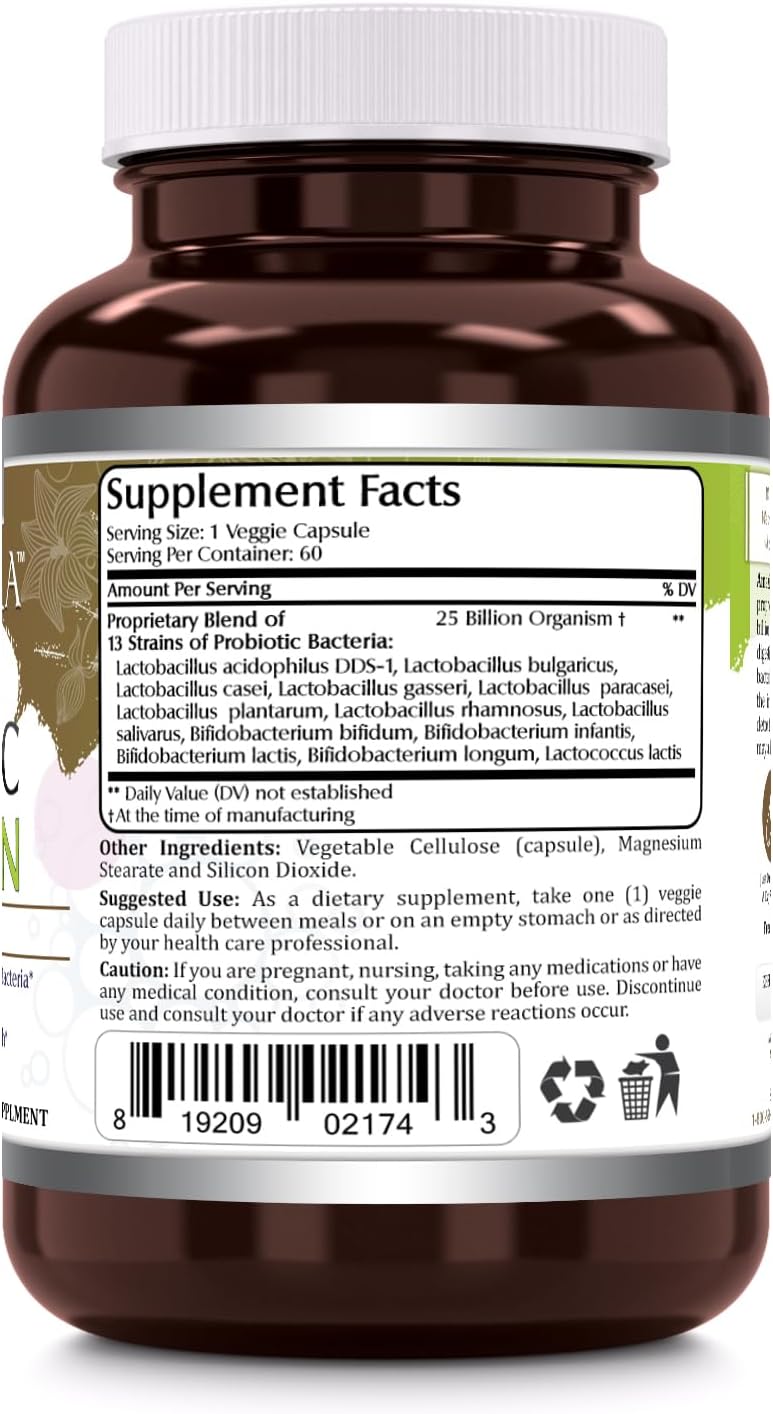 Amazing Flora Probiotic 13 with 25 Billion CFUs, 60 Veggie Capsules - Non-GMO, Gluten Free, USA-Made Veg Supplement