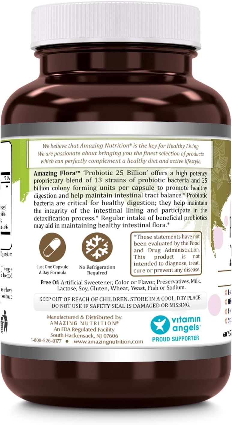 Amazing Flora Probiotic 13 with 25 Billion CFUs, 60 Veggie Capsules - Non-GMO, Gluten Free, USA-Made Veg Supplement