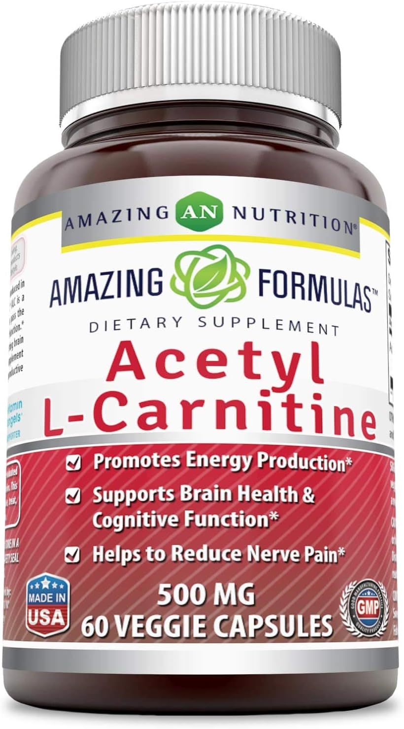 Amazing Formulas Acetyl L-Carnitine HCL Veggie Capsules - 500mg (60 Count) - Non-GMO, Gluten-Free Supplement for Energy & Cognitive Function